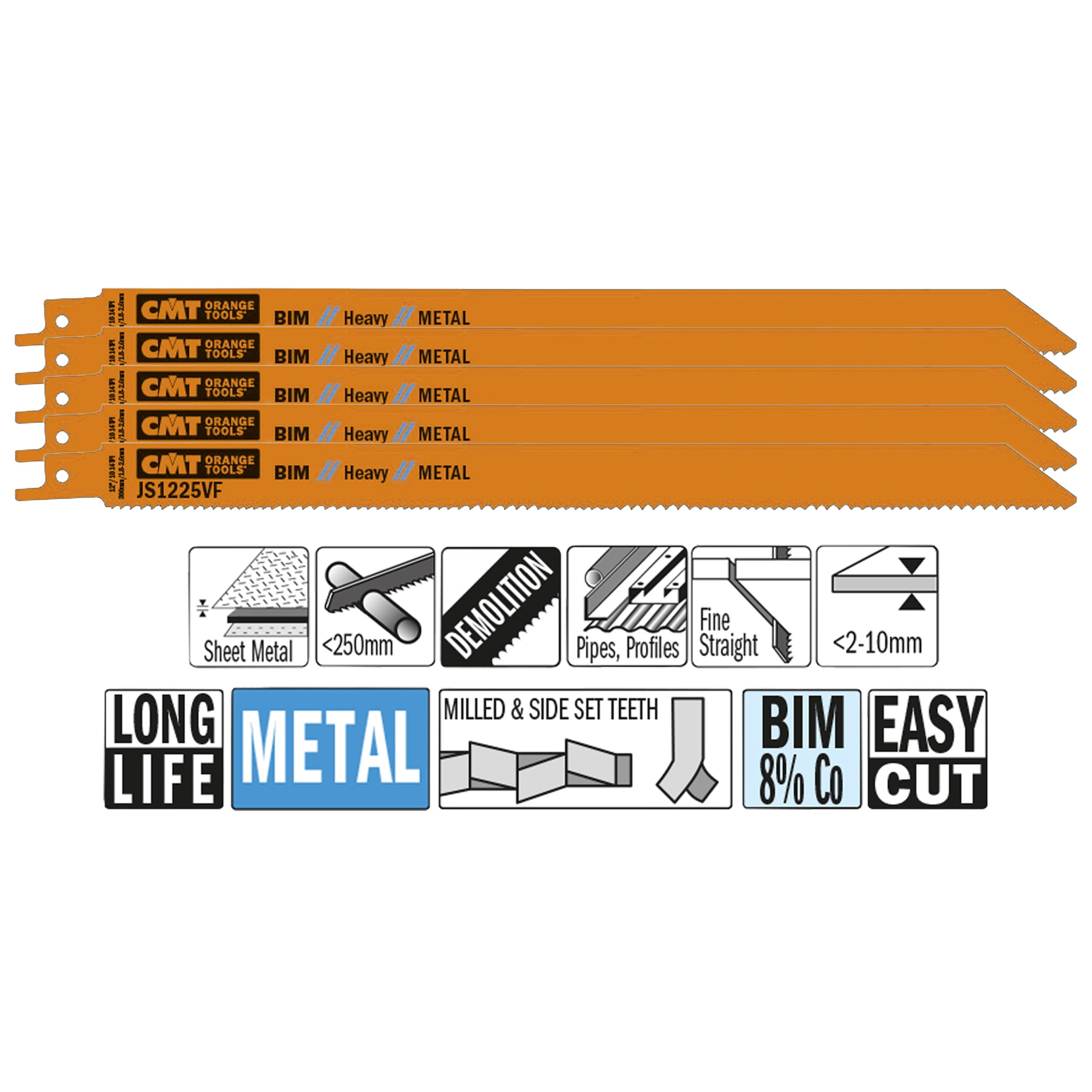 CMT JS1225VF-5 10-14 TPI 5-Piece 11-Inch Bimetal Saw Blades for Reciprocating Saws