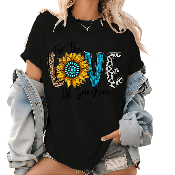 For The Love of Sunshine Leopard Print T Shirt Love Sunflower Graphic Tees Short Sleeve Cotton Tops Black,3XL