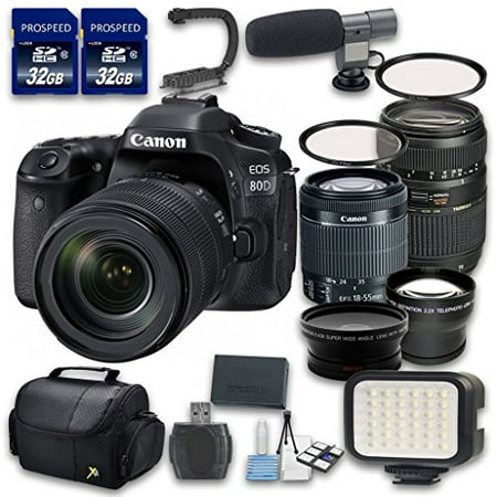 Canon EOS 80D DSLR Camera Bundle with Canon EF-S 18-55mm f/3.5-5.6 IS STM Lens + Tamron Zoom Telephoto AF 70-300mm Autofocus Lens+Wideangle + Telephoto Lenses + LED