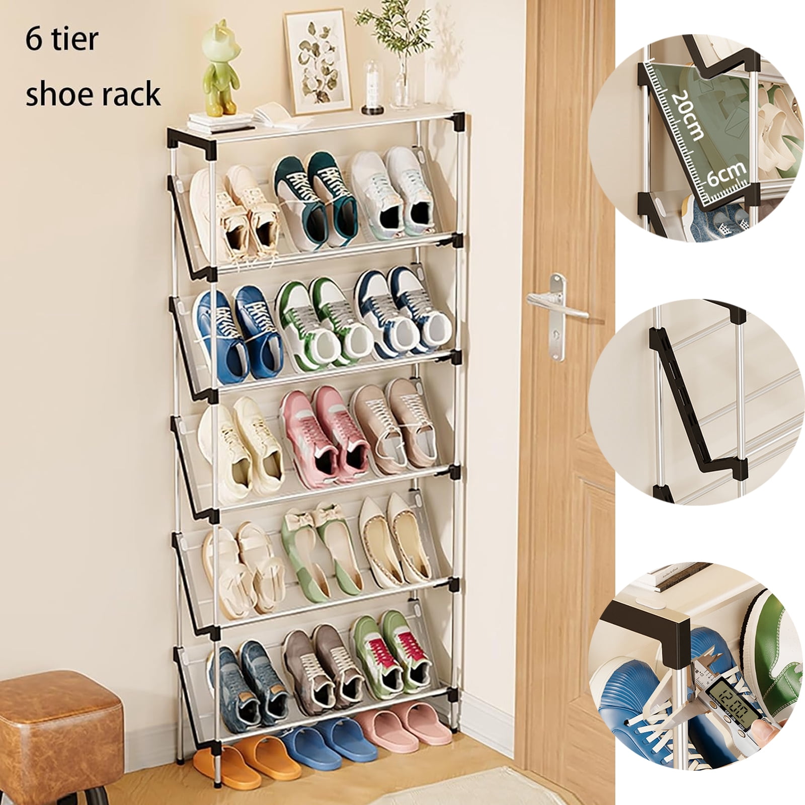 Narrow Shoe Rack for Entrance, 6 Tiers Shoe Racks Tilted Shoe Rack Organizer with 5 Slanted Shelves for Closet Floor Entryway Hallway, Holds 18 Pairs Multifunctional Front Door Shoe Rack, 66cm/25.9‘’