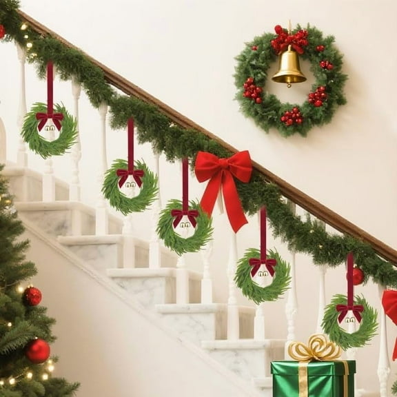 Bootesun 6PCS 12" Mini Christmas Wreath, Small Wreaths for Kitchen Cabinets with Red Bows and Bells, Artificial Mini Wreaths Indoor/Outdoor for Christmas Window, Stairs Railing and Chairs Decors