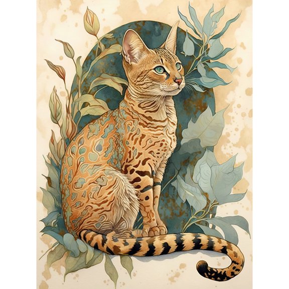 Ocicat Cat with Teal Rosette Pattern Fur and Leafy Plants Watercolour Illustration Unframed Wall Art Print Poster Home Decor Premium