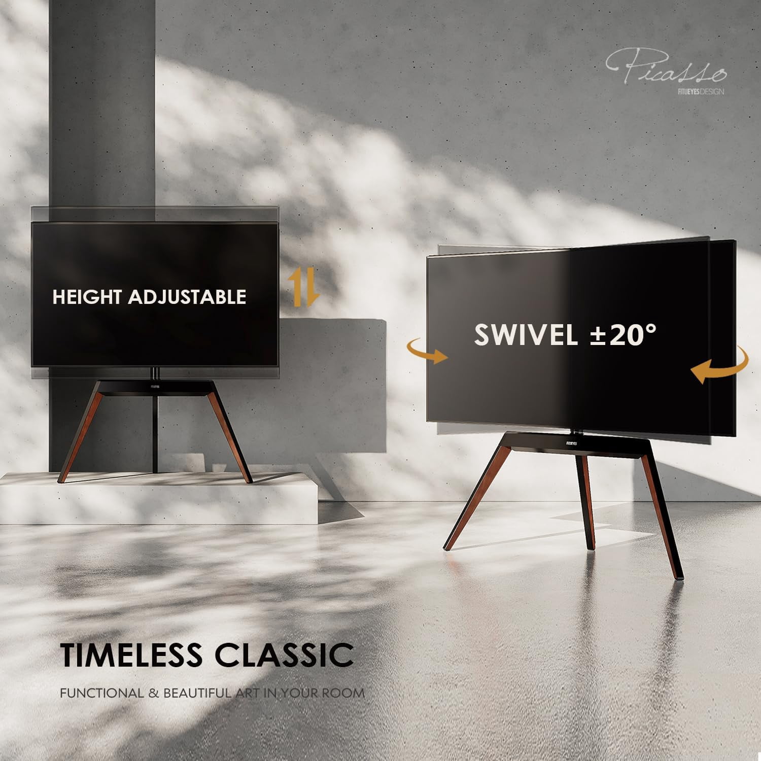 FITUEYES Picasso Series Corner TV Stand for 55–78 Inch TVs, Black & Walnut, Cable Management