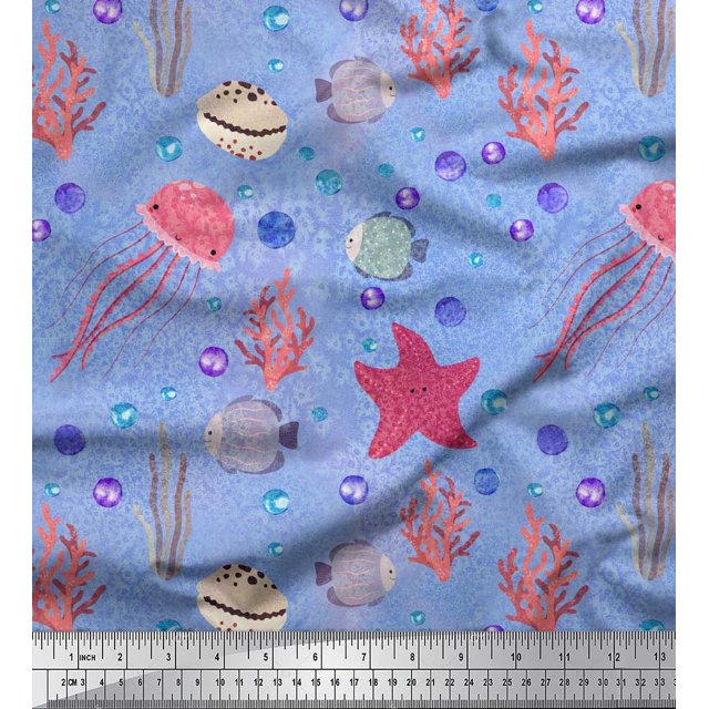 Soimoi Rayon Fabric Fish,Coral & Jellyfish Ocean Decor Fabric Printed Yard 42 Inch Wide