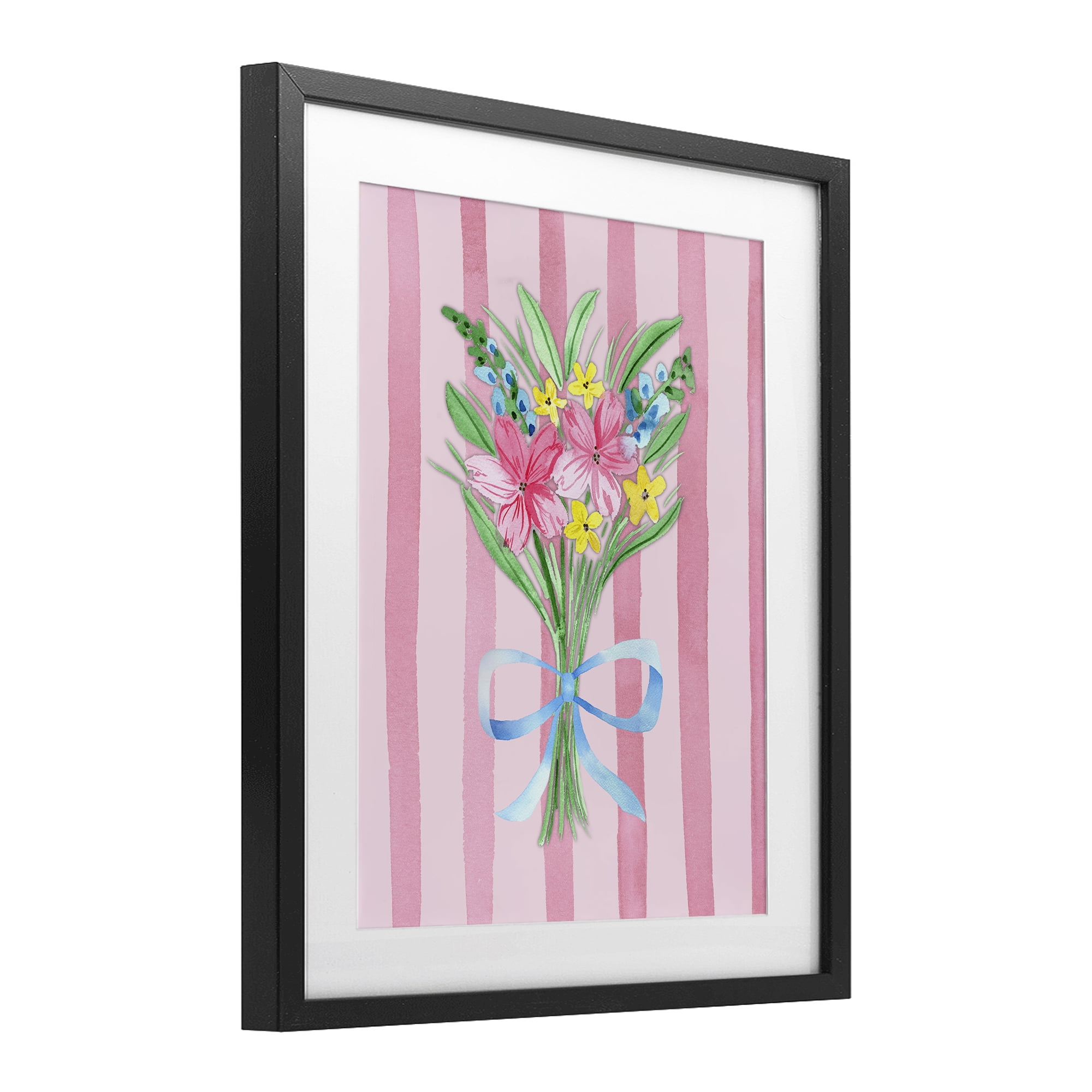 Spring Bouquet Pink & Blue Black Framed Print Under Glass, design by Nina Jacobs