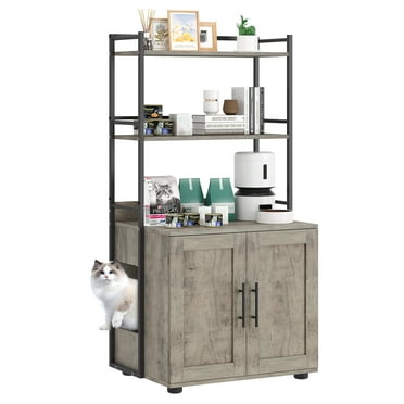 Luku Cat Litter Box Enclosure with Shelf Storage, 2-in-1 Hidden Cat Washroom Furniture, Grey
