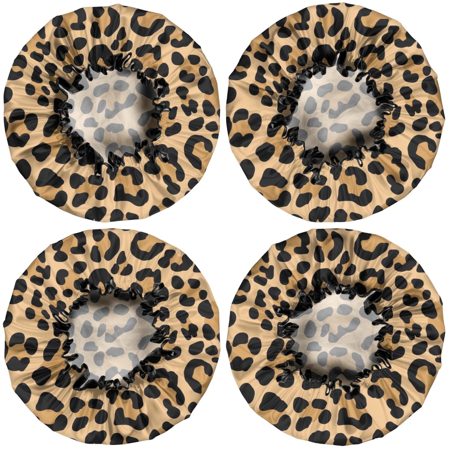 Shower Caps,Beige and Black Of Leopard Print Waterproof Shower Cap for Women 4 Pieces,Double Reusable Hair Cover for Shower PEVA Elastic Stretch Hem