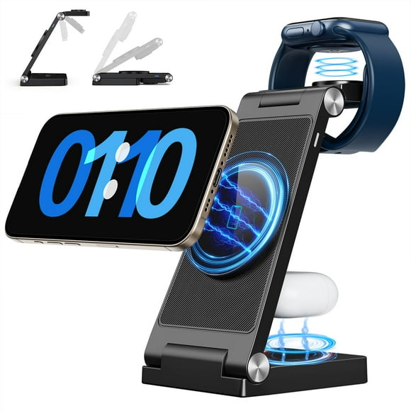 2025 Estación de carga magnética inalámbrica Mag-Safe, carga máxima rápida 3 en 1 para iPhone 16 15 14 13 12 Pro Max Plus, soporte de cargador para Apple Watch Series y Air pods 3 2 Pro, regalos para