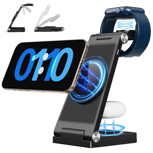 2025 Estación de carga magnética inalámbrica Mag-Safe, carga máxima rápida 3 en 1 para iPhone 16 15 14 13 12 Pro Max Plus, soporte de cargador para Apple Watch Series y Air pods 3 2 Pro, regalos para