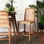 bali & pari Caspia Rattan and Mahogany wood Mid-Century Counter Stool, Natural Brown