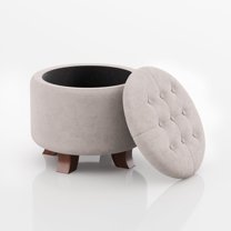 Hyxoo Round Ottoman, Ottoman with Storage, 20 Dia. x 17 H Inches Foot Rest Stool with Legs for Bedroom, Living Room, Decorative Home Furniture-20"D x 20"W x 17"H-Beige