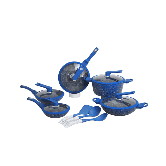 Batería de Cocina Baltimore 13 Pzs Cerámica Antiadherente Premium | Ollas y Sartenes con Tapas | Apta para todo tipo de Estufas | Diseño Moderno Azul Granito | Fácil Limpieza