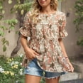 thumbnail image 3 of Blusa casual color caqui con mangas cortas y cuello redondo para mujer, talla L Camisa con volantes florales, 3 of 6