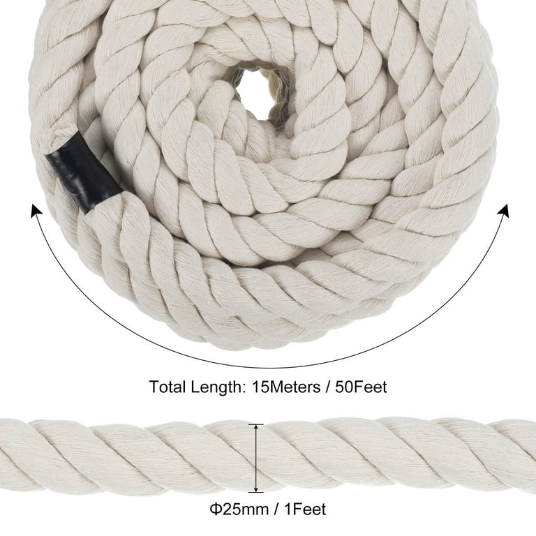 Uxcell Tug of War Rope 1 inch x 50 Feet Natural Thick Cotton Rope Twisted Cotton Rope, White