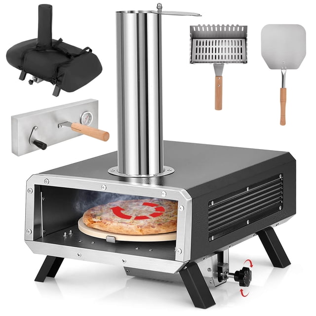 Costway Four à Pizza d'Extérieur Poêle à Pizza à Granules de Bois avec Pierre à Pizza Ronde Rotative de 12 Pouces