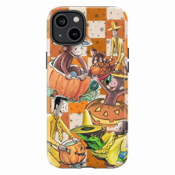 Curious Monkey Halloween Phone Case – Fall Pumpkin Patch Retro Cartoon Phone Cover for iPhone 16 15 14 13 12 11 Pro Max Mini