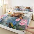 thumbnail image 3 of Feelyou Rustic Highland Cattle Bed Sheets, Pink Groovy Floral King Sheets, Vintage Lodge Cabin Sheet Set, Lightweight Room Decor, 4pcs, 3 of 7