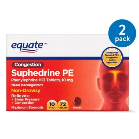 (2 Pack) Equate Congestion Suphedrine PE Nasal Decongestant Tablets, 10 mg, 72 (Best Nasal Decongestant For Cold)
