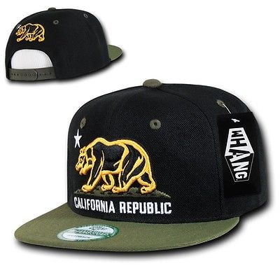 Republic Olive - Black Olive Green California Republic Bear Flat Bill Snapback Snap Back Cap Hat