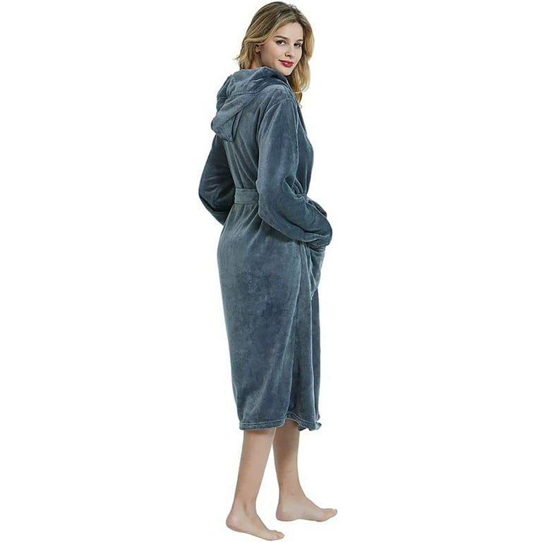 HEARTNICE Womens Fleece Robes, Plush Long Bathrobe Soft Warm Robes,(Light  Grey,L-XL) 