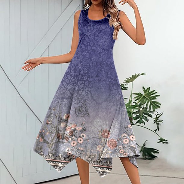 WILLBEST Vestidos de Verano para Mujer, Vestido Informal de Verano Vintage Estampado sin Mangas, Vestido Maxi con Dobladillo de Pañuelo y Bolsillos, Vestido de Playa Mediana
