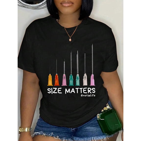 100% Cotton Needle Size Matters Funny Nursing CNA Nurse Life T-Shirt Women's Graphic Tee Casual Tops