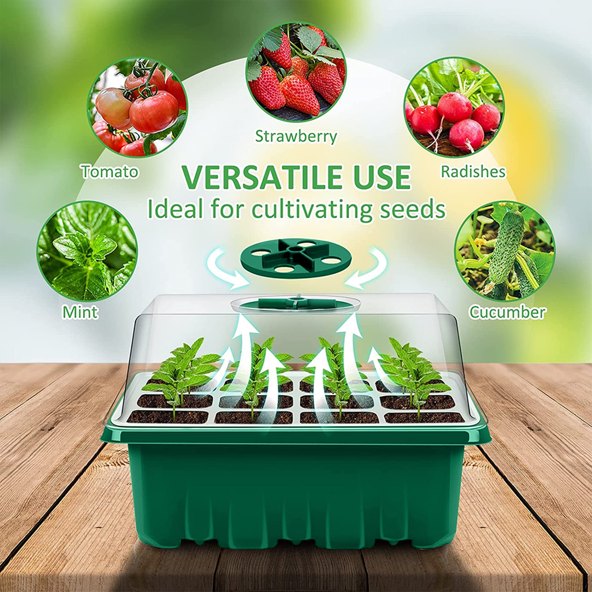 SDJMa Seed Starter Tray 5 Packs Seedling Starter Trays With Grow Light, Seed Starting Trays Kit Humidity Dome 60 Cells Indoor Gardening Plant Germination