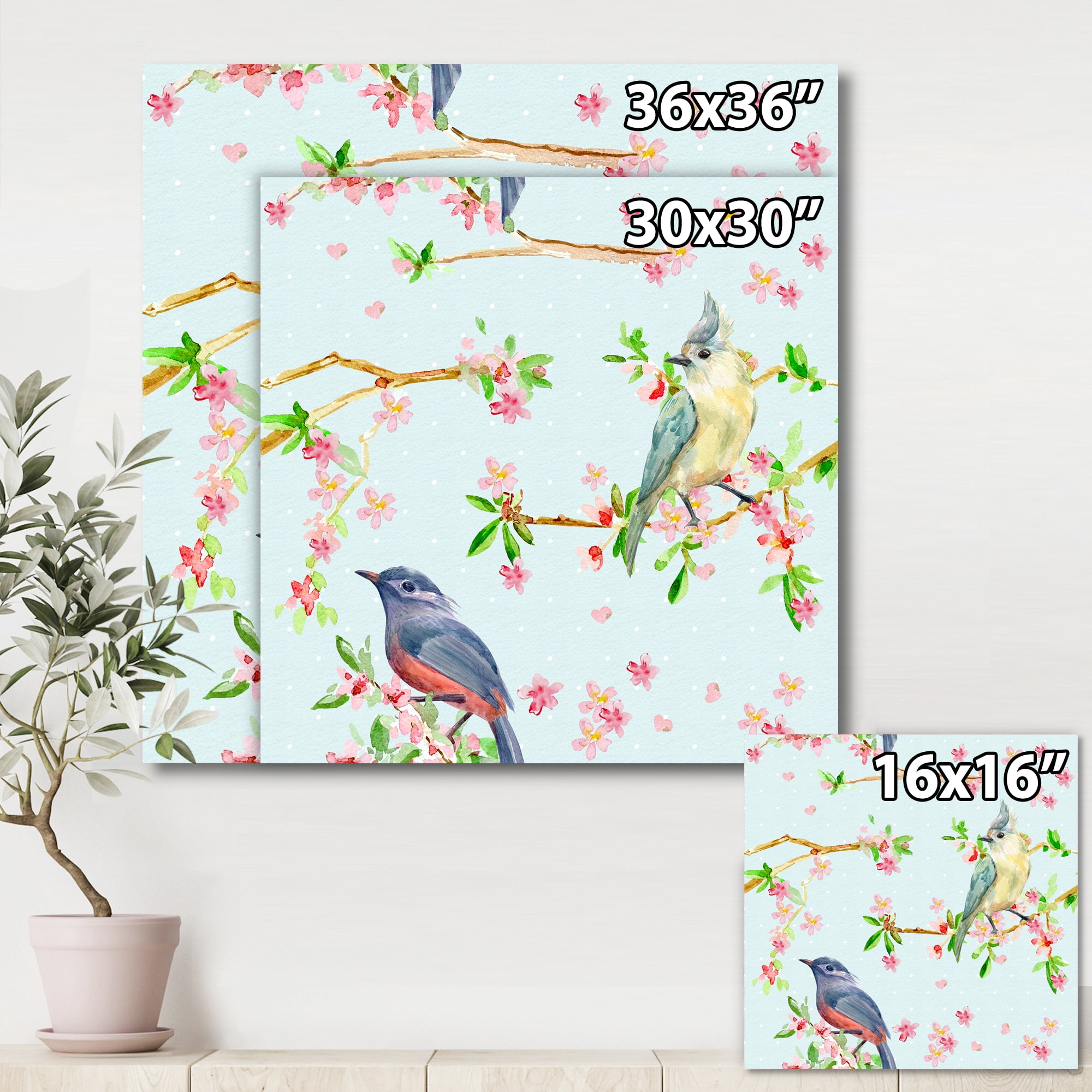 Designart ' Birds and Flowers Pattern In Blue ' Traditional Canvas Wall Art Print