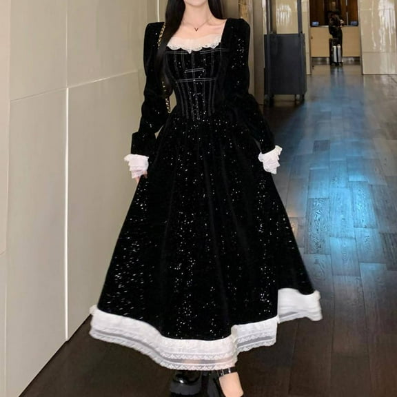 Njagoc3 Womens Long Sleeve Velvet Tie - Front Midi Dress, Formal Evening & Gothic Party Outfit