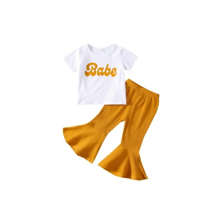 

Kiapeise 2Pcs Toddler Girl Summer Outfit White Short Sleeve Letter Print Top Elastic Waist Flared Pants Infant Girl Casual Clothes Set