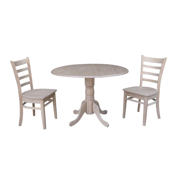 42" Dual Drop Leaf Wood Table With 2 Emily Side Chairs in Washed Gray Taupe