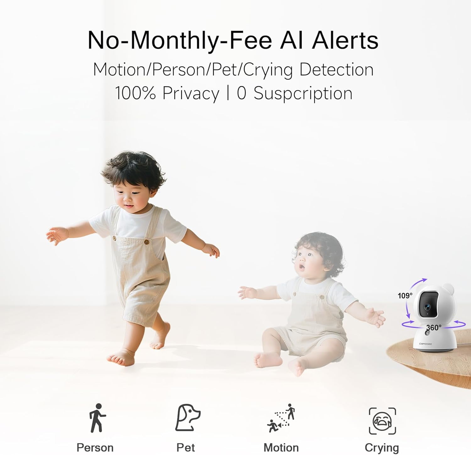 2.5K Indoor Security Camera 4pack, Non-Subscription AI Person/Pet/Cry Detection, 4MP Pet/Dog/Cat/Baby Camera w/Phone App, Pan Tilt WiFi, Night Vision, Full Duplex Audio for Home Security