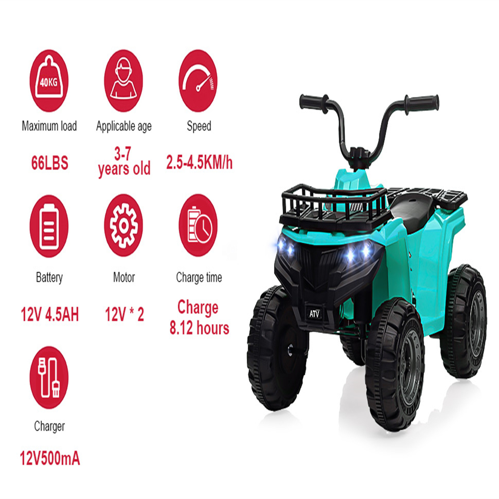 Sakiyr 12V Kids Ride On ATV, Battery Powered Electric Vehicle with Led Light, 4-Wheeler Quad ATV Play Car 2 Speeds for Boys Girls