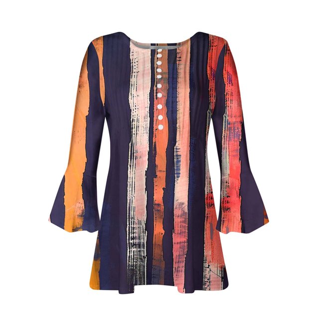 Blusa informal con botones estampados y plisados de plástico para mujer, manga 3/4, manga corta y cuello de cuerno.