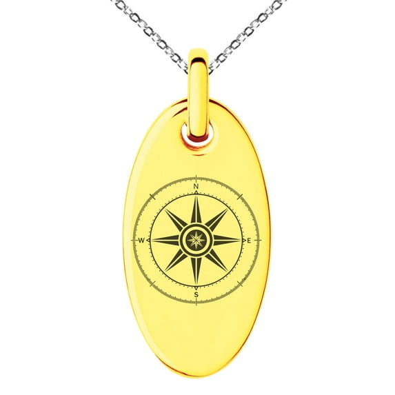 Stainless Steel Nautical Wind Compass Engraved Small Oval Charm Pendant Necklace