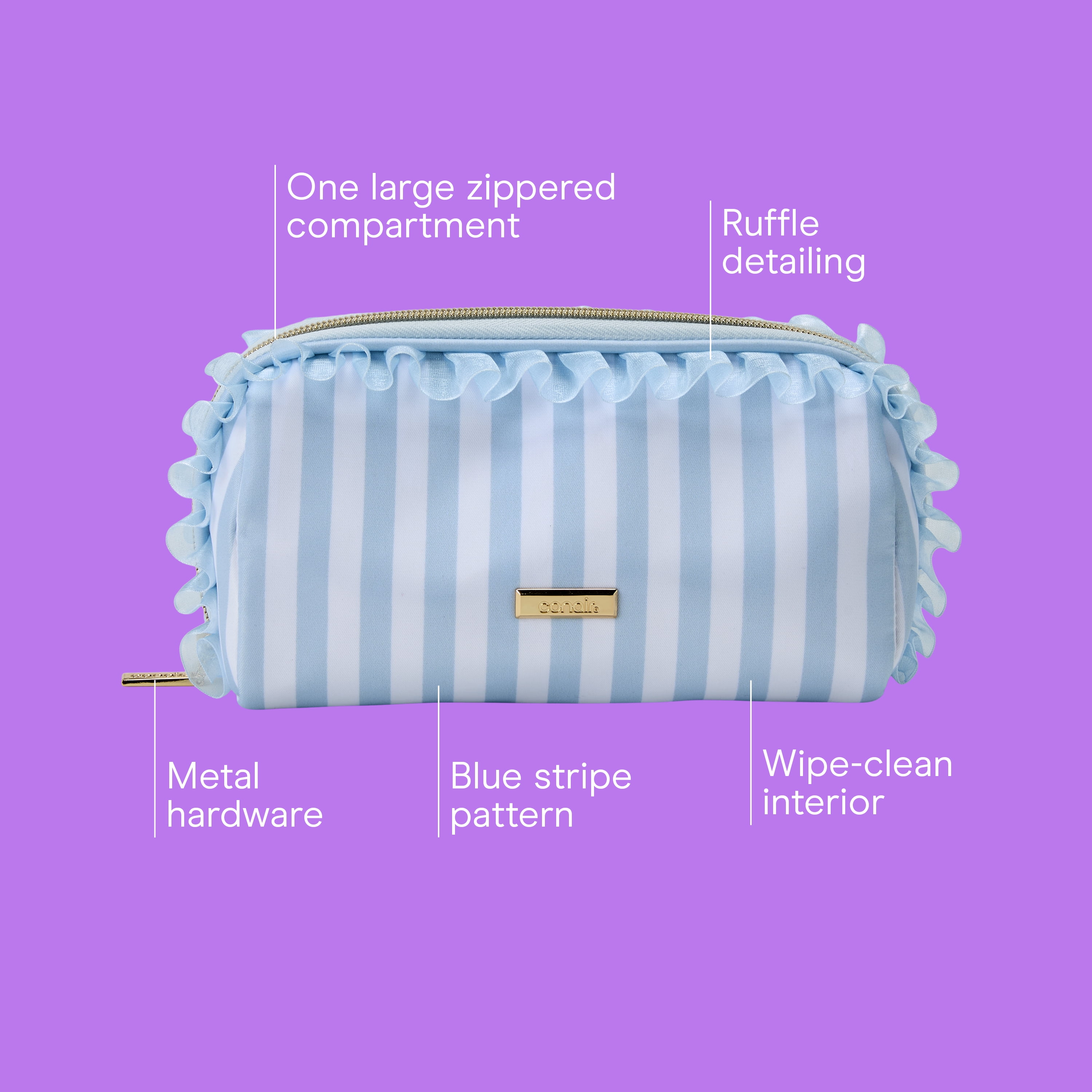 Conair Blue Ruffle Pencil Case, Compact Beauty Organizer with Metal Hardware, 1 Count