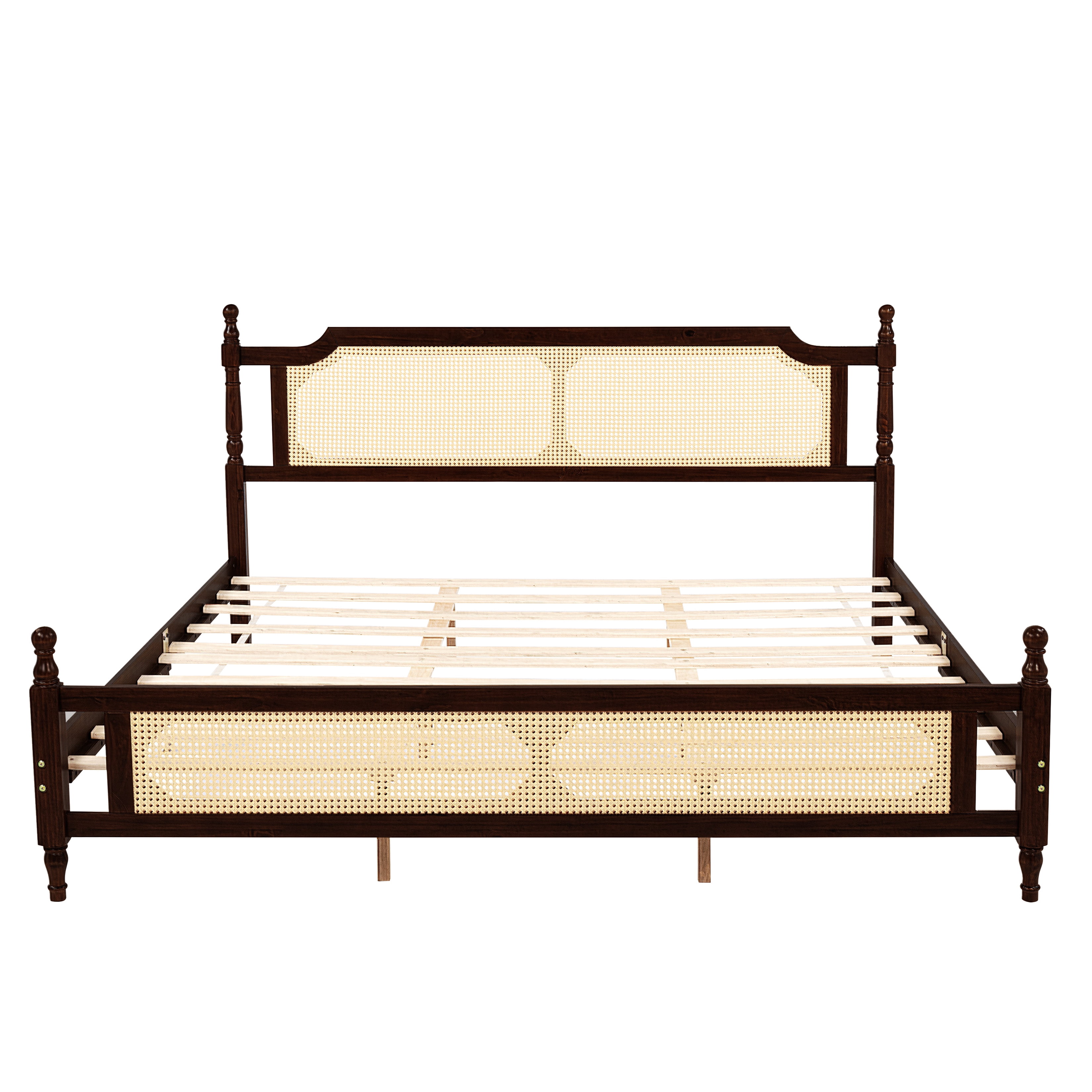 PAPROOS King Platform Bed Frame, Wood King Size Bed Frame with Rattan Headboard, Modern Bed Frame King with Central Enhanced for Adults, No Box Spring Needed, Espresso