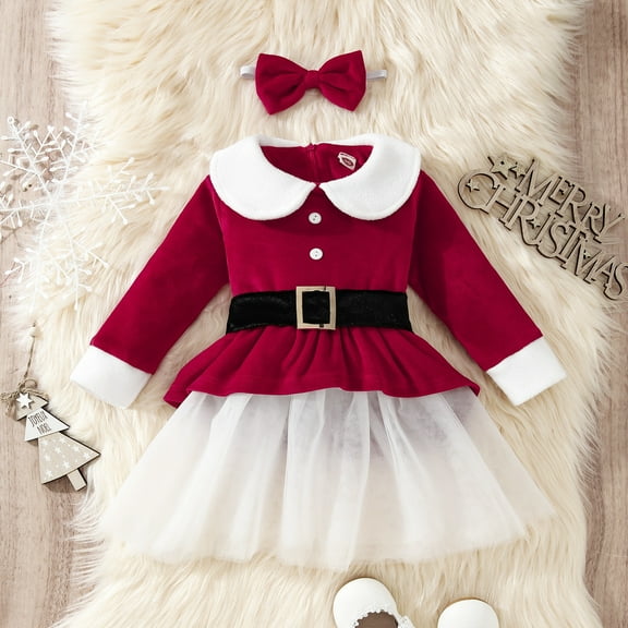 Wancir Toddler Baby Girl Christmas Dress Santa Claus Red Velvet Dress Long Sleeve Furry Princess Dress with Headband Outfit