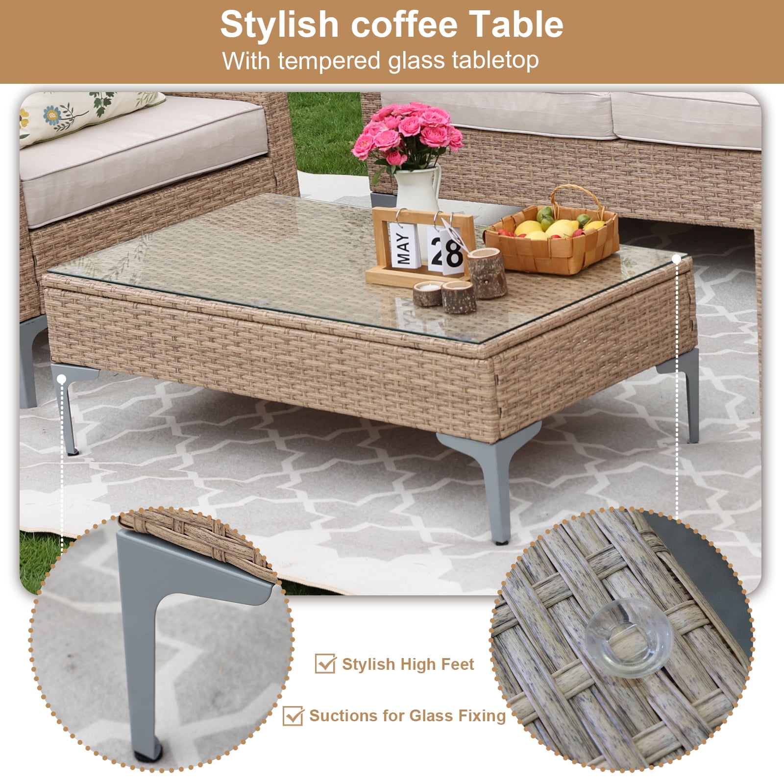 Joyure 4-Piece Patio Furniture Set,Outdoor Wicker Patio Conversation Set with Tempered Glass Table,All-Weather Rattan Sectional Loveseat&Chairs with Thick Cushions for Garden,Deck,Backyard-Beige