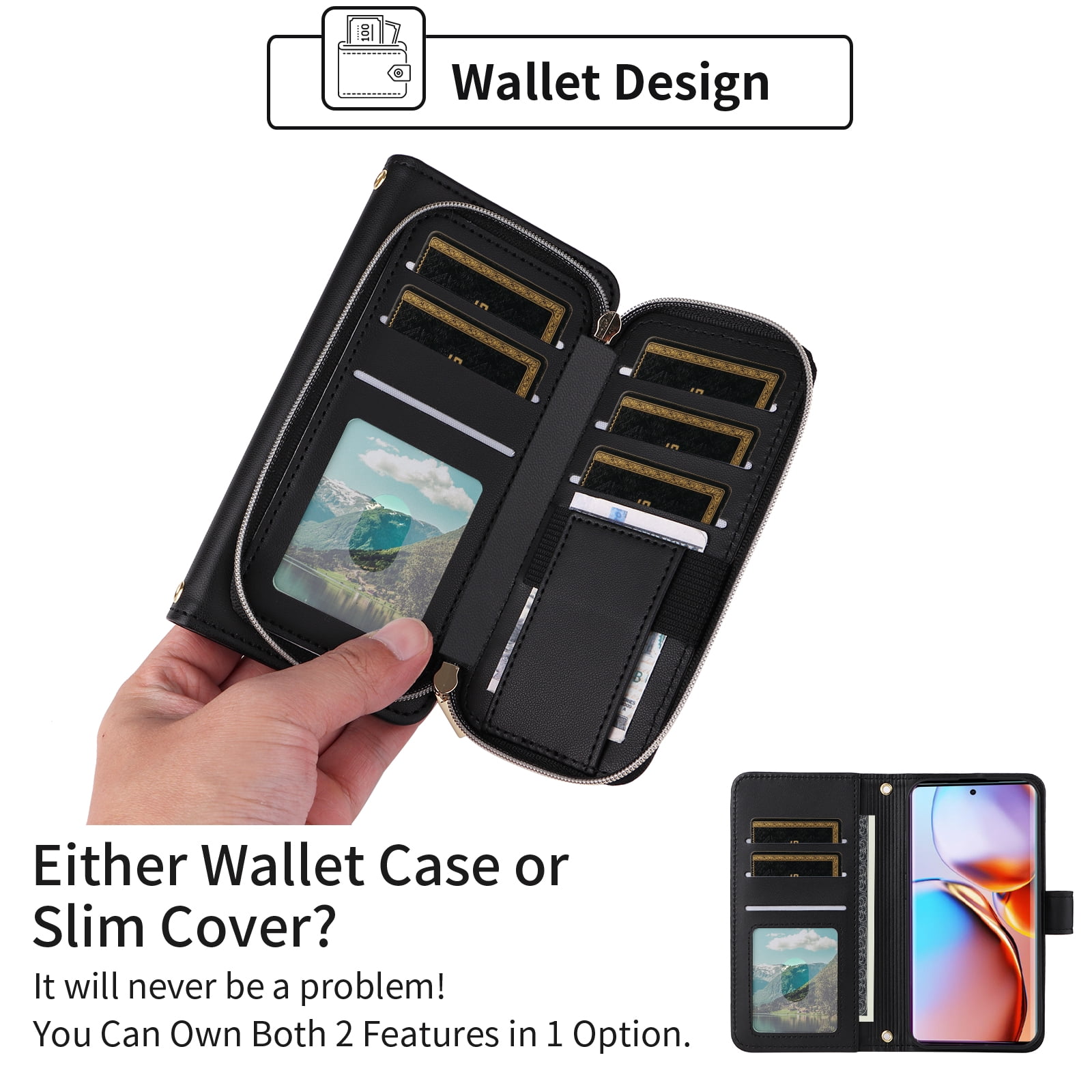 Furiet Argyle Wallet Case for Motorola Edge+ Plus 2023/Edge 40 Pro 5G/Moto X40 with Wrist/Shoulder Strap Slots Zipper Purse, Luxury PU Leather Card Holder Stand Cell Phone Cover for X + Black