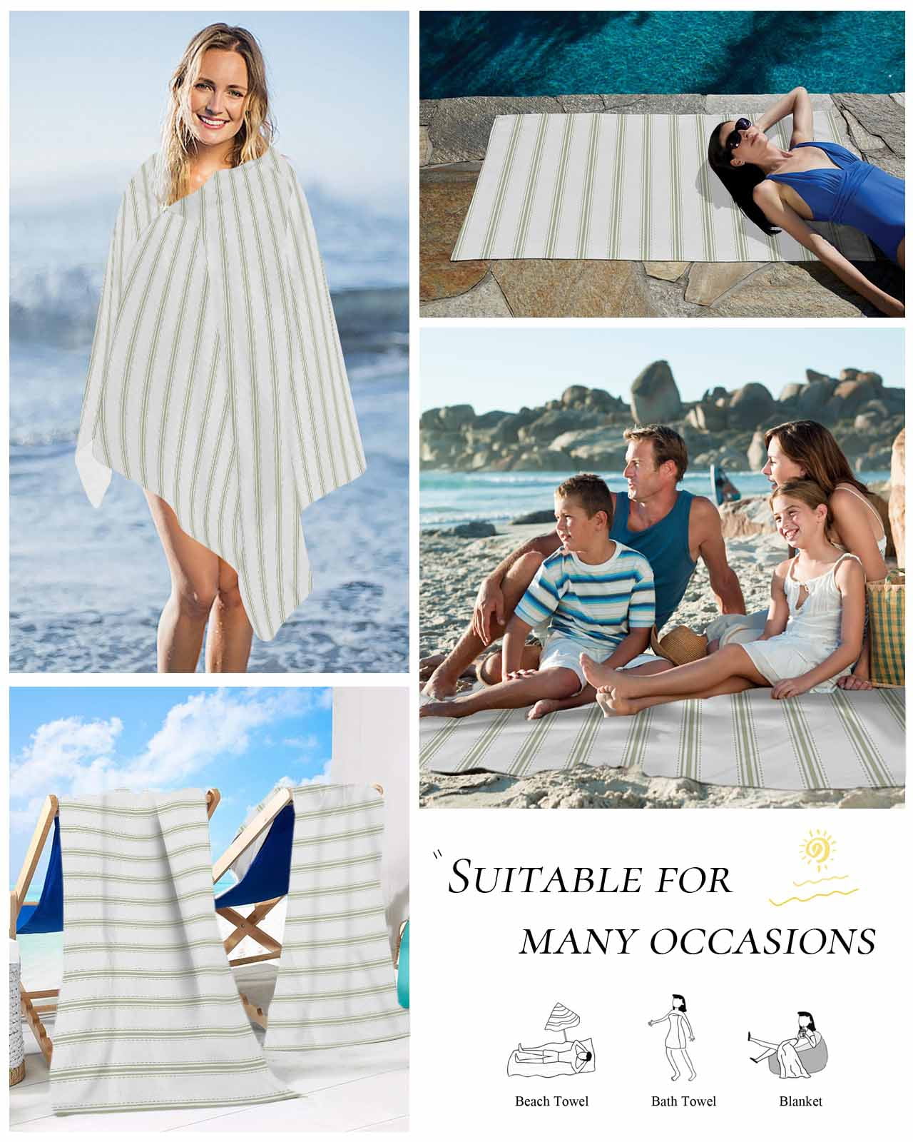 Sage Green Striped Beach Towels Oversized Super Absorbent, Sage Green White Stripes Farmhouse Lightweight Bath Towel Quick Dry Sets For Bathroom/Pool/Rv Camping/Beach Play/Gym Room/Picnic 23"x47"