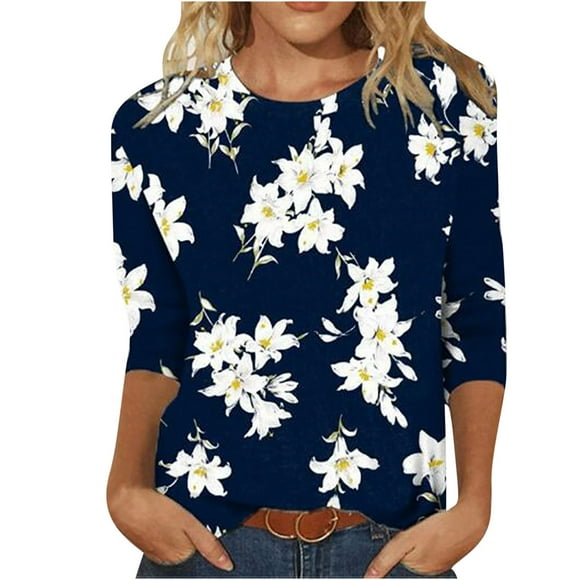 YanHoo 3/4 Sleeve Tee Shirts for Women 3/4 Sleeve Dressy Casual Party Top 3/4 Length Sleeve Womens Crewneck Tops Clearance Plus Size Tunic Tops for Women 3/4 Sleeve,Navy,XL