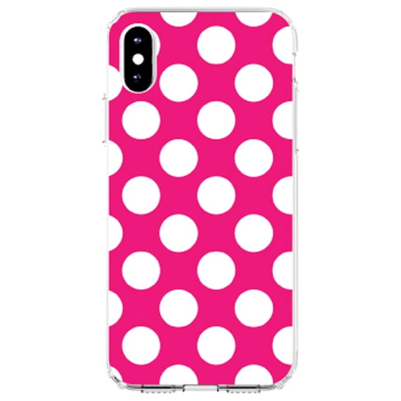 DistinctInk Clear Shockproof Hybrid Case for iPhone XR (6.1" Screen) - TPU Bumper, Acrylic Back, Tempered Glass Screen Protector - White & Hot Pink Polka Dots