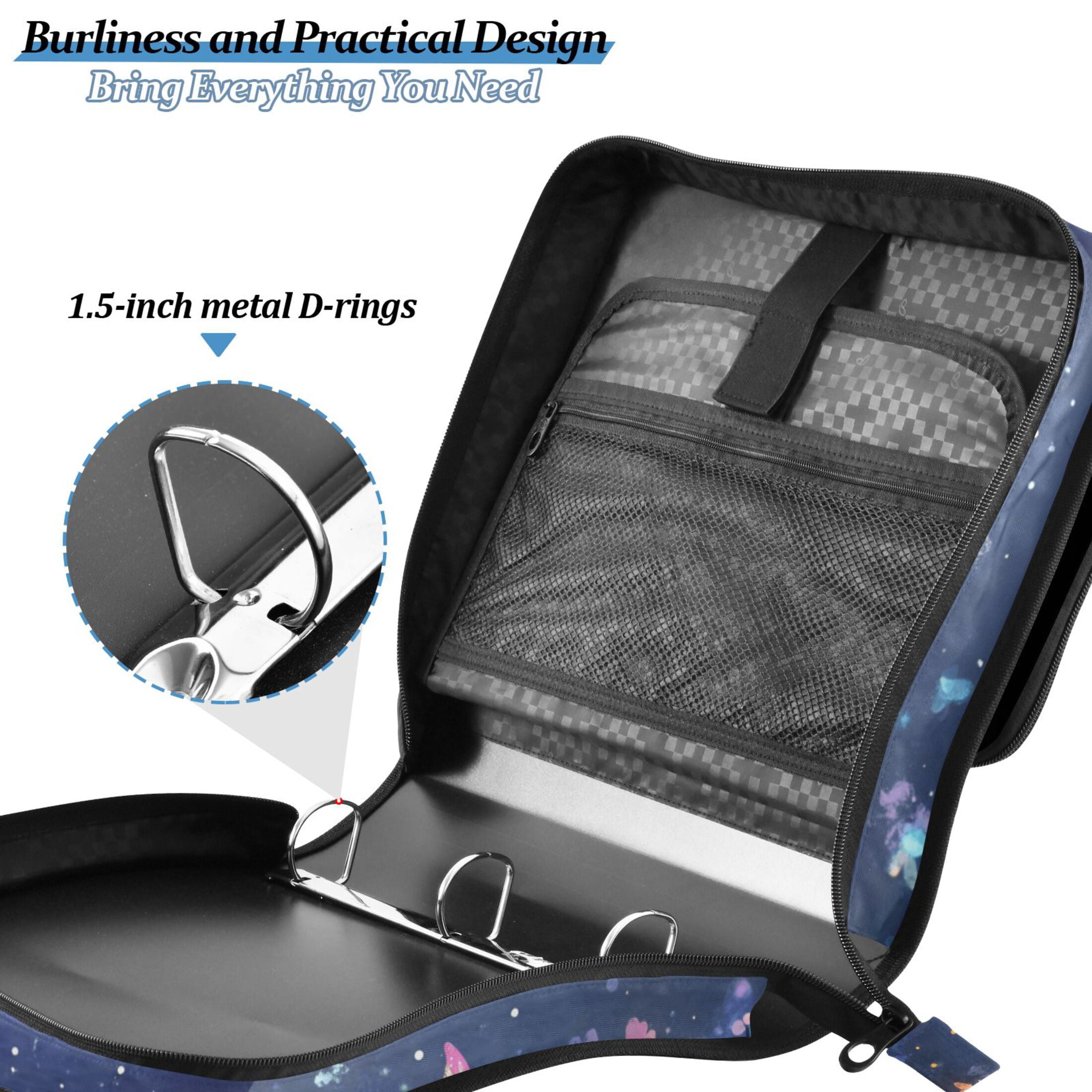 3 Ring Zipper Binder with Shoulder Strap Waterproof Trapper Keeper 2 Inch D-Ring 500 Sheets Capacity Cute Whale Floating in Nigh