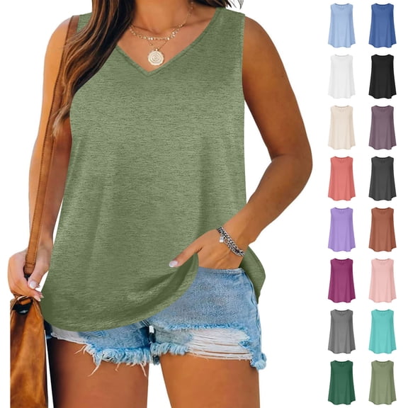 Asxite Tank Tops for Women Plus Size Sleeveless Solid Color Round Neck Loose Casual Blouse