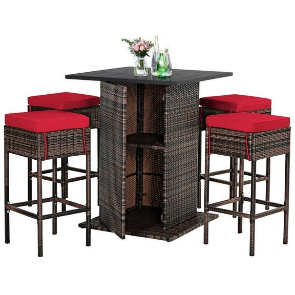 Topcobe 5 Pieces Patio Rattan Bar Table Stool Set Hidden Storage Shelf Cushioned, Outdoor Deck Furniture, Red