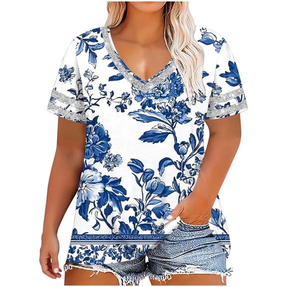 Dvprdro Plus Size V Neck Floral Short Sleeve T Shirts for Women Oversized Loose Fit Breathable Solid Summer Casual