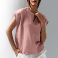 thumbnail image 3 of Lovskoo Women's Linen Shirts Cap Short Sleeve Loose Pollover Solid Color V-Neck Blouse Shirt Pink, 3 of 7