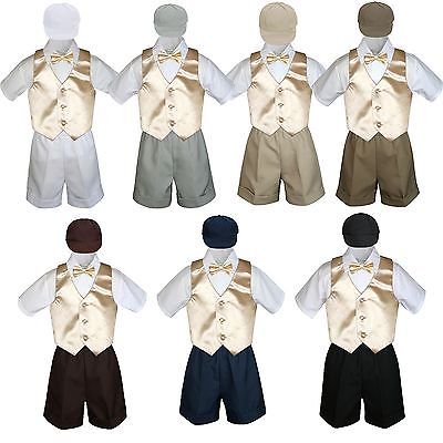 

5pc Boy Toddler Formal Champagne Vest Bow Tie Black Khaki White Hat Shorts S-4T