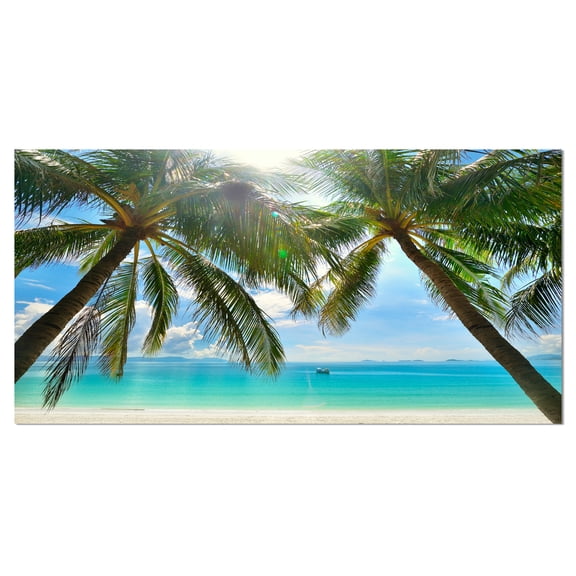 Designart 'Palm Hanging over Sandy White Beach ' Seashore Photo Canvas Art Print